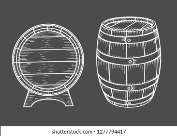 Wooden barrel set. Engraving vintage vector black illustration. Isolated on white background. Hand drawn design element for label and poster