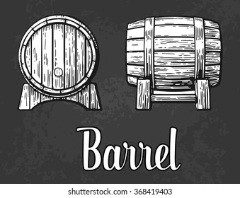 Wooden barrel set. Engraving vintage vector white illustration. Isolated on black background. Hand drawn design element for label and poster