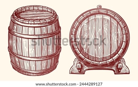 Wooden barrel, set. Oak cask sketch style. Hand drawn vintage vector illustration