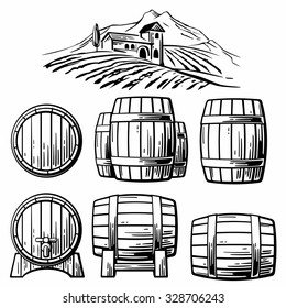 Wooden barrel set and  rural landscape with villa, vineyard fields, hills, mountains. Engraving vintage vector black illustration. Isolated on white background. Hand drawn design element for label 