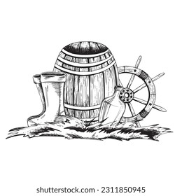 Wooden barrel with a ship's wheel, on the grass with a bottle of rum and rubber boots. EPS hand drawn black and white vector graphic illustration. Isolated composition on a white background.