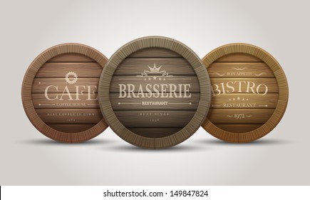 Wooden barrel signboards for cafe, restaurant, bistro, brasserie, beer, wine or whiskey. Vector illustration.