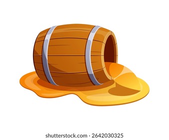 Wooden barrel spilling alcohol liquid vector isolated on white background.