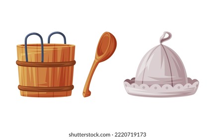 Wooden Barrel, Spoon and Hat for Sauna as Finland Symbol and Attribute Vector Set