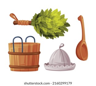 Wooden Barrel, Spoon and Oak Broom for Sauna as Finland Symbol and Attribute Vector Illustration