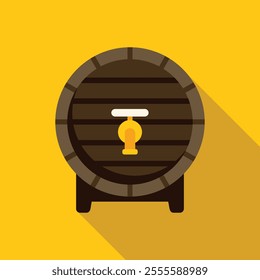 Wooden barrel standing on wooden stand with tap for beer or wine production on yellow background with long shadow