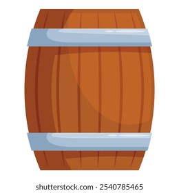 Wooden barrel standing up, crafted from wood and bound with metal rings, used for storing and aging alcoholic beverages