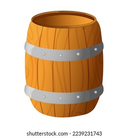 Wooden barrel for storing food and drinks on ship, cartoon illustration. Boardwalk or wharf for fishing, tools for sailors. Summer beach concept
