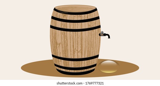 Wooden barrel with a tap, a beautiful drop of wine - illustration, vector. Banner.