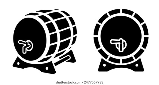 Wooden barrel with tap icon, black silhouette isolated on white. Oak barrel for beer or for aging whiskey, wine, brandy, stencil style, front and side view. Vector minimalist sign, simple logo design.