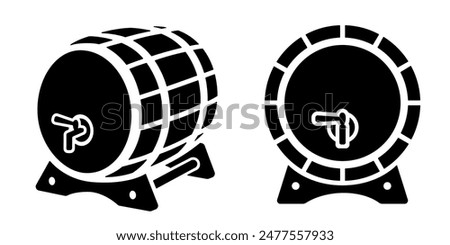 Wooden barrel with tap icon, black silhouette isolated on white. Oak barrel for beer or for aging whiskey, wine, brandy, stencil style, front and side view. Vector minimalist sign, simple logo design.