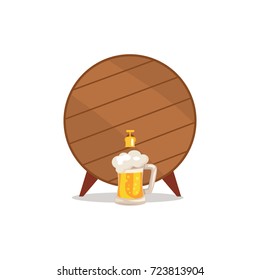 Wooden barrel with tap and mug of beer topped by froth foam vector illustration isolated on white. Faucet on container with alcohol drink