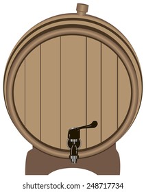 Wooden barrel with a tap on the stand. Vector illustration.