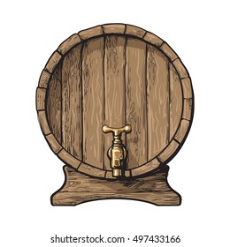 Wooden barrel with tap, sketch style vector illustrations isolated on white background. Front view of wine, rum, beer classical wooden barrel with a tap