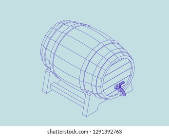 Wooden barrel with tap. Vector outline illustration. Isometric projection.