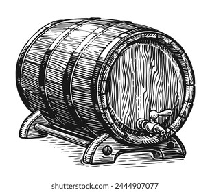 Barril de madera con grifo para vino, cerveza o whisky. Dibujado a mano boceto ilustración vintage estilo de grabado