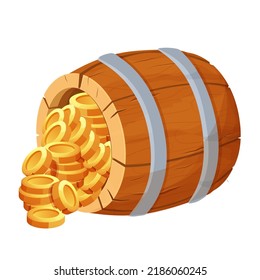 Wooden barrel with treasure gold coins in cartoon style isolated on white background. Ui game asset. Detailed, textured object. Container, trank retro.