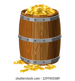 Wooden barrel with treasures, gold bars, with metal stripes, for alcohol, wine, rum, beer and other beverages, or treasures, gunpowder. Isolated on white background. Vector illustration. Cartoon style