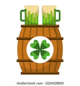 wooden barrel with two green beer and clover