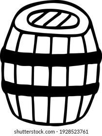 Wooden barrel with two rims for honey, water and drinks. Hand-drawn black and white cartoon doodle. Vector illustration in themes food and storage of stocks. Clipart for icon designs.