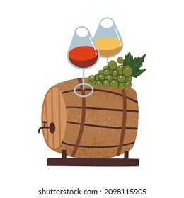 Wooden Barrel, two wine glasses with red and white wine, , grape bunch. Wine testing concept. Isolated textured Still life. Vector flat hand drawn illustration