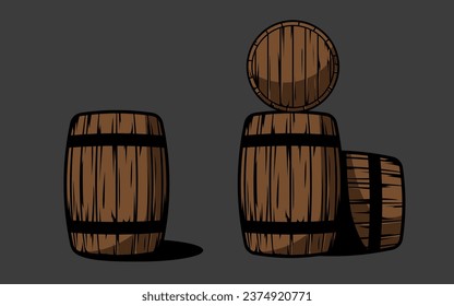 Vector de barril de madera lleno de cerveza o alcohol de algún tipo. Se podría usar como objetos en diseños de barras o juegos o afiches relacionados con el tema del país. Cañón de madera para pubs y taberna.