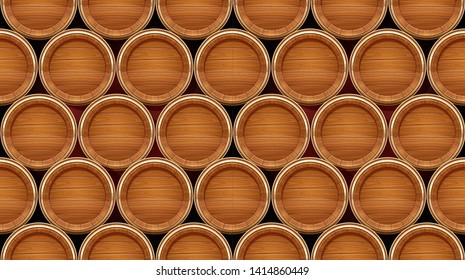 Wooden barrel. Vessel for keeping wine, beer and beverage. Seamless background. Equipment for pub and wine cellar. Whisky keg. Lager oak capacities. Eps10 vector illustration.