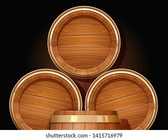 Wooden barrel. Vessel for keeping wine, beer and beverage. Equipment for pub and wine cellar. Whisky keg. Lager oak capacities. Eps10 vector illustration.