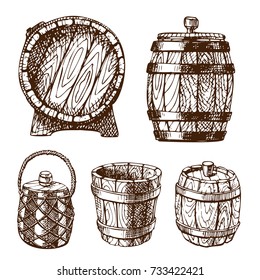 Wooden barrel vintage old hand drawn sketch storage container liquid beverage fermenting distillery cargo drum lager vector illustration.