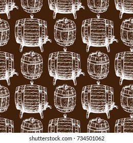 Wooden barrel vintage old hand drawn sketch storage seamless pattern fermenting distillery cargo drum lager vector illustration.