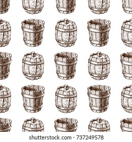 Wooden barrel vintage old hand drawn sketch storage seamless pattern fermenting distillery cargo drum lager vector illustration.