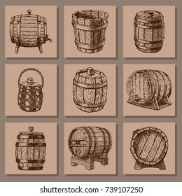 Wooden barrel vintage old hand drawn sketch storage container liquid beverage fermenting distillery cargo drum lager vector illustration.