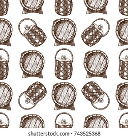 Wooden barrel vintage old hand drawn sketch storage seamless pattern fermenting distillery cargo drum lager vector illustration.