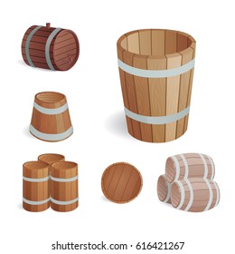 Wooden barrel vintage old style oak storage container and brown isolated retro liquid beverage object fermenting distillery cargo drum lager vector illustration.