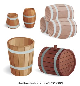 Wooden barrel vintage old style oak storage container and brown isolated retro liquid beverage object fermenting distillery cargo drum lager vector illustration.