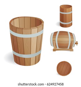 Wooden barrel vintage old style oak storage container and brown isolated retro liquid beverage object fermenting distillery cargo drum lager vector illustration.