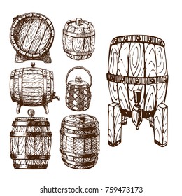 Wooden barrel vintage old style oak storage container and brown isolated retro liquid beverage object fermenting distillery cargo drum lager vector illustration. Dark aged vine hoop beer cask drink.