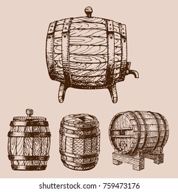 Wooden barrel vintage old style oak storage container and brown isolated retro liquid beverage object fermenting distillery cargo drum lager vector illustration. Dark aged vine hoop beer cask drink.