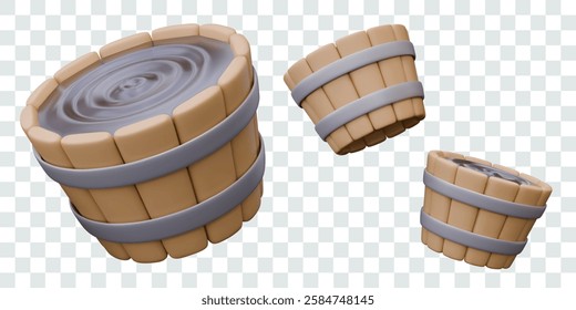 Wooden barrel with water. Round realistic sauna bathtub for soaking, bathing, relaxation procedures