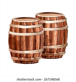 Wooden barrel. Watercolor sketch. Vector illustration