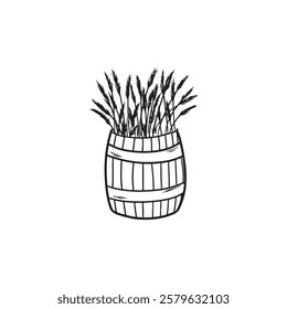 Wooden barrel with wheat drawing in black isolated on white background. Hand drawn vector sketch illustration in doodle engraved vintage line art style. Concept of farm, agriculture, food