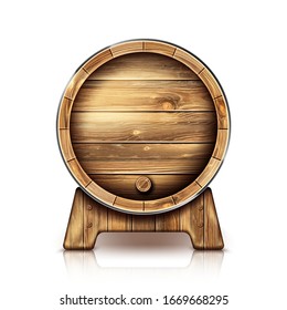 Barrel de madera para vino o cerveza. Camiseta de madera de roble en el stand para cervecería o bodega. Reg vectorial realista para whisky, ron o coñac aislados en el fondo blanco en la vista frontal