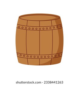 Wooden barrel for wine or beer. Cask from oak wood with copper or iron rings. Vector keg for whiskey, rum or cognac isolated on white background