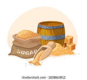Wooden barrel for wine, beer, rum. Cask from oak wood with copper or iron rings. Fresh cane sugar, spoon with sand, cane sugar cube and loose sugar in bag cartoon vector illustration