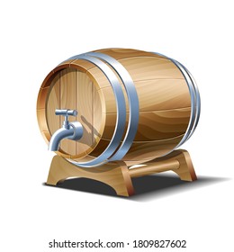 Wooden barrel for wine, beer or whiskey. Realistic cask from oak wood with copper or iron rings, stopper and tap, keg for rum or cognac isolated on white background, realistic 3d vector clipart