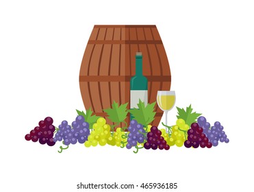 Wooden barrel with wine. Different sorts of grapes. Bottle and glass of check elite vintage strong wine. Bunches or clusters of grapes. Part of series of viniculture production items. Vector