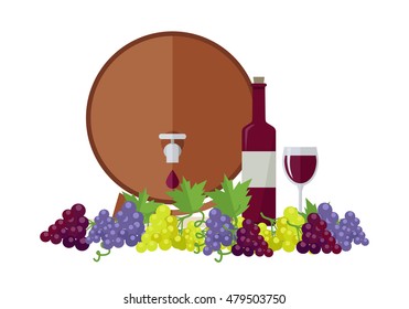 Wooden barrel with wine. Different sorts of grapes. Bottle and glass of check elite vintage strong wine. Bunches or clusters of grapes. Part of series of viniculture production items. Vector