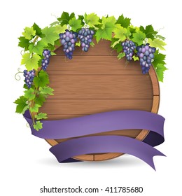 Wooden barrel for wine, grapes vine and purple ribbon. Winemaking label template.