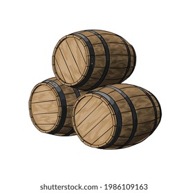 Barril de madera para vino u otras bebidas de una salpicadura de acuarela, dibujo de colores, realista. Ilustración vectorial de pinturas