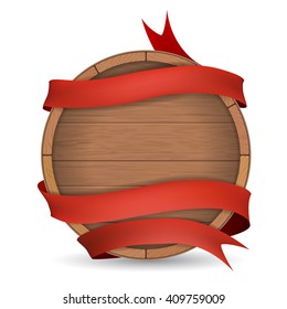 Wooden Barrel Wrapped In Red Ribbon. 